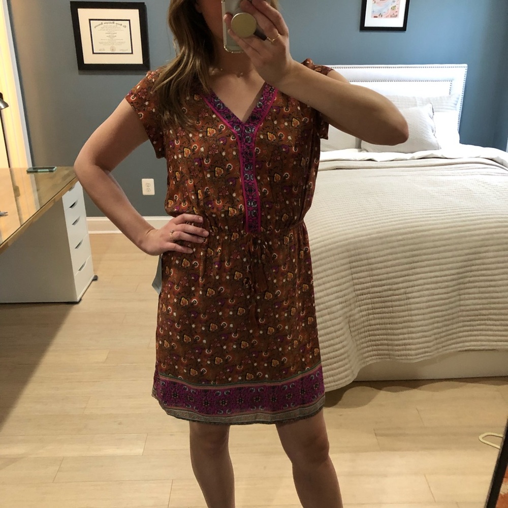 DR2 Daniel Rainn Cap Sleeve Floral Split Neck Boho Rust Tie Waist Dress S